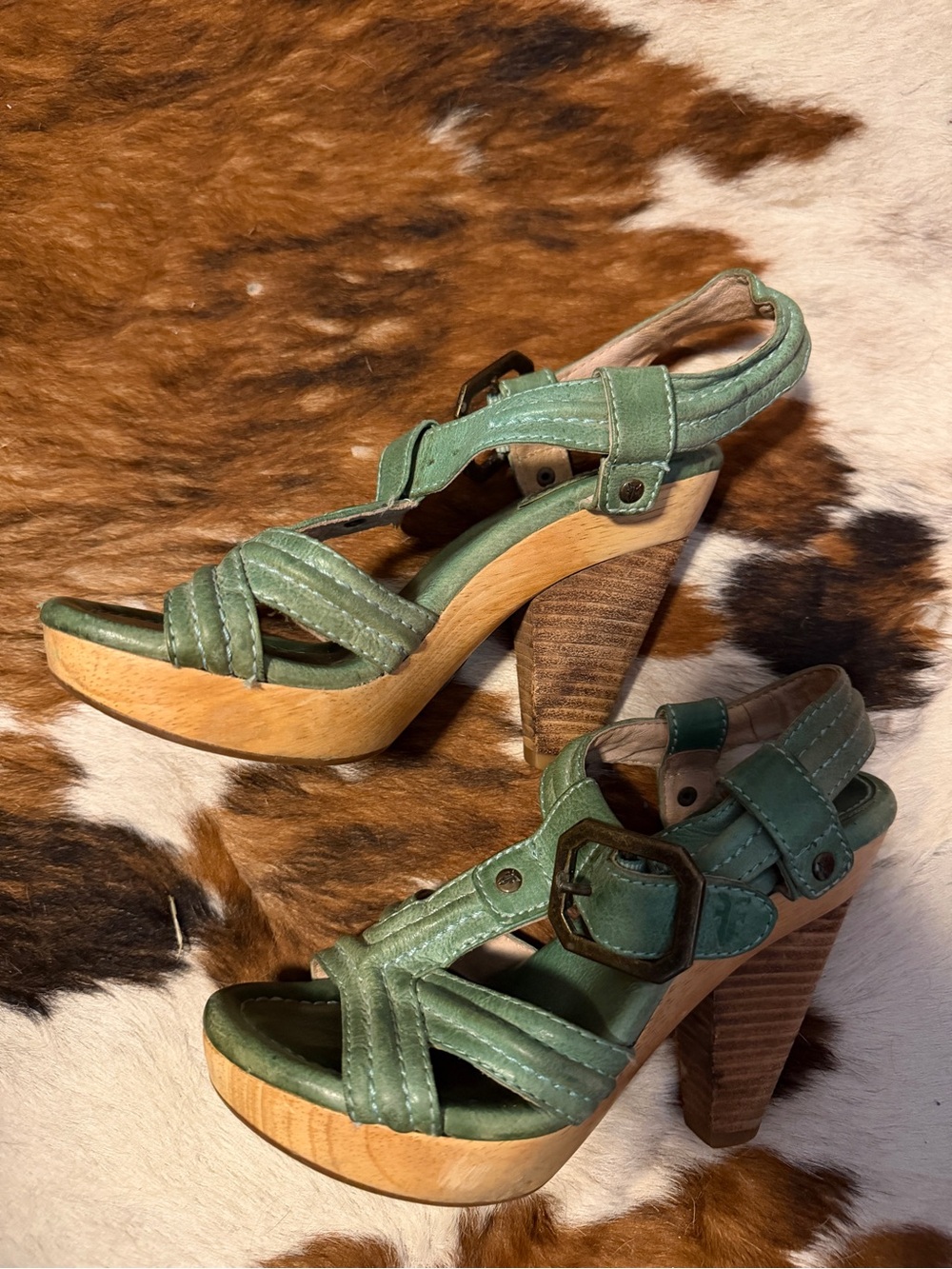 Frye Green Leather Platform Sandals with Wooden Stacked Heels